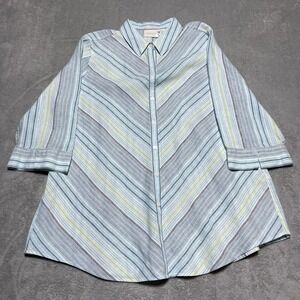Chicos Top Womens XL Chicos 3 Blue Linen Stripe Button Up Shirt Blouse Tunic‎